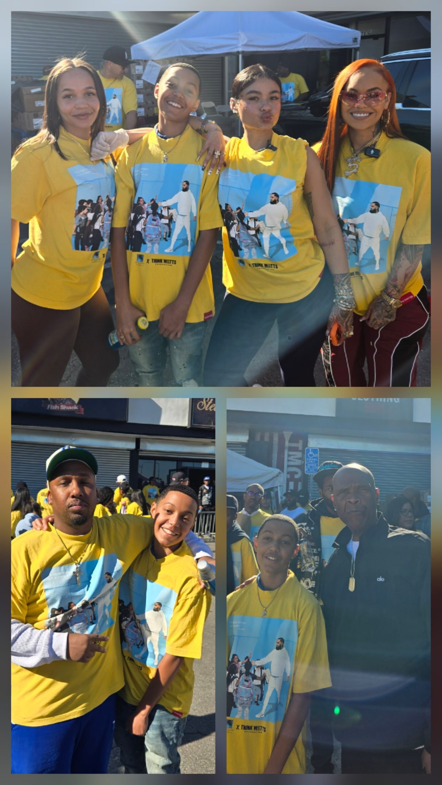 Collage of India Love and sisters, Lauren London, Watts Homie Quan, and Big Boy supporting families at The Marathon Store Turkey Drive 2025.
