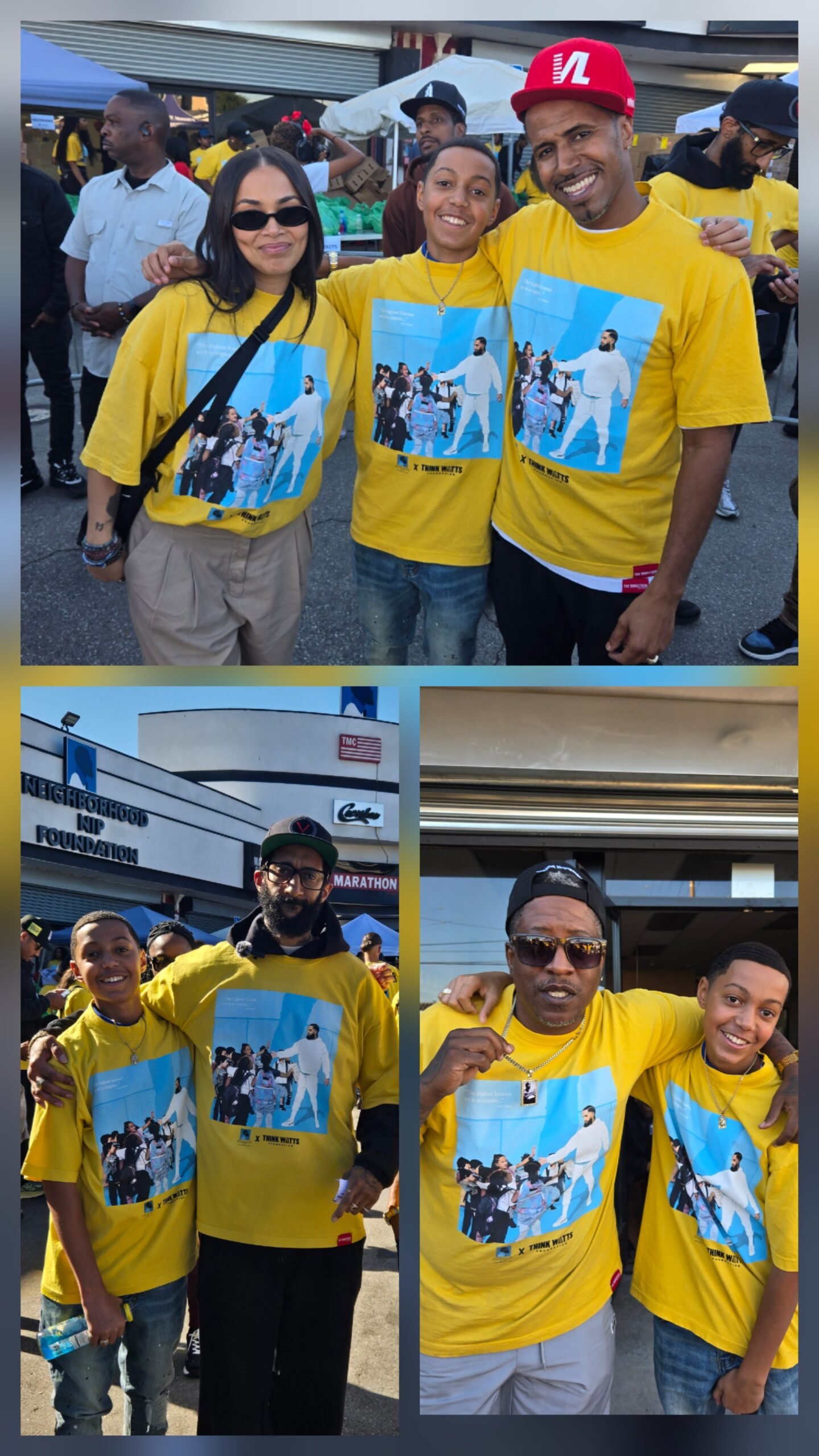 Collage of Kelly Morris, MBA, his son, Lauren London, Blacc Sam, and EDI Mean of 2Pac's Outlawz together at The Marathon Store during the Turkey Drive 2025.
